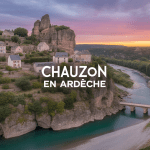 Vue aérienne de Chauzon, village ardéchois sur falaises