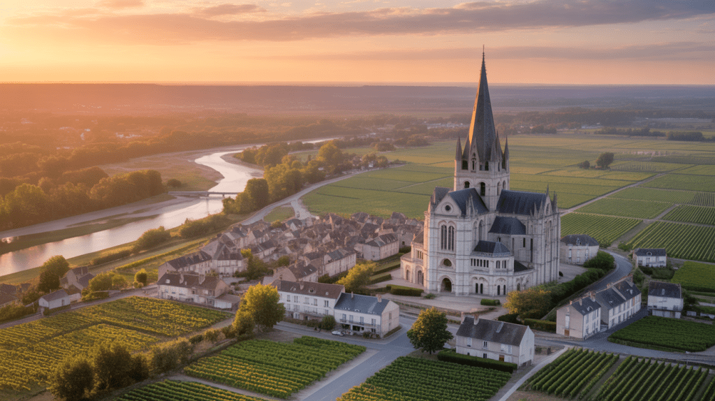 Vue aérienne de Cléry-Saint-André avec basilique et vignobles