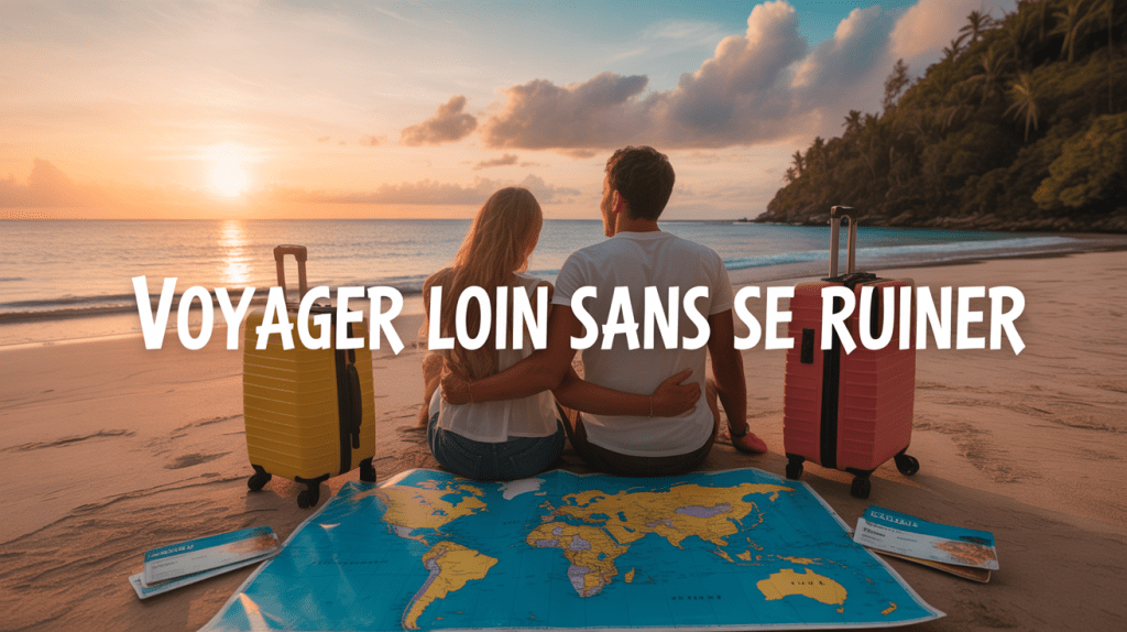 Couple voyageurs libreetloin sur plage tropicale avec billets et carte