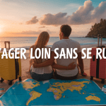 Couple voyageurs libreetloin sur plage tropicale avec billets et carte