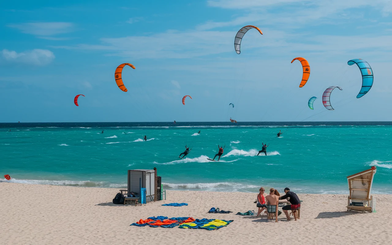 Kitesurfeurs et planchistes sur plage de Saint Cyprien
