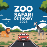 Safari animalier avec girafes, zèbres et lions au zoo de Thoiry