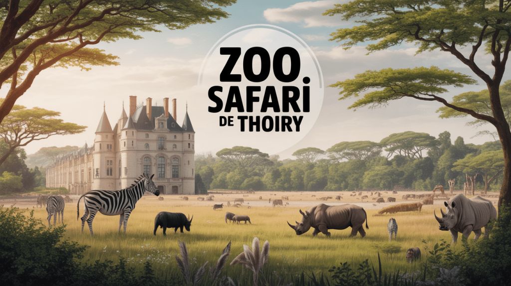 Panorama safari zoo Thoiry avec girafes et château