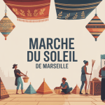 marché du soleil marseille illustration colorée étals tissus épices artisans