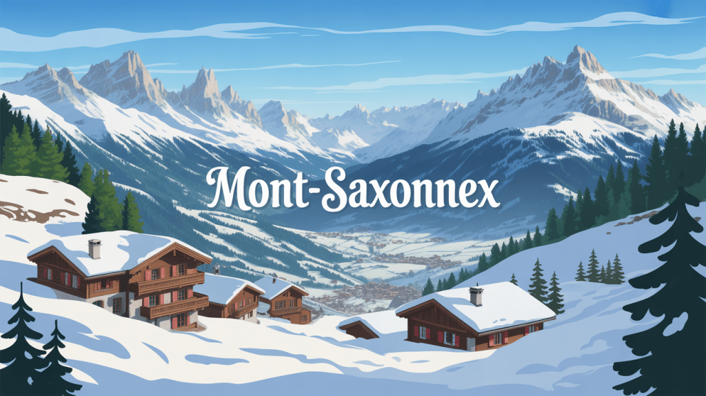 Vue panoramique village mont saxonnex montagnes enneigées chalets bois