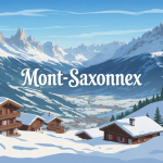 Vue panoramique village mont saxonnex montagnes enneigées chalets bois
