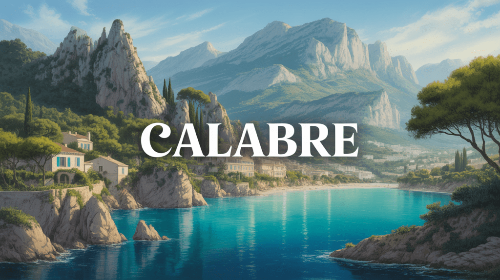 Vue panoramique calabre falaises eaux turquoise village maisons blanches montagnes oliviers