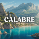 Vue panoramique calabre falaises eaux turquoise village maisons blanches montagnes oliviers