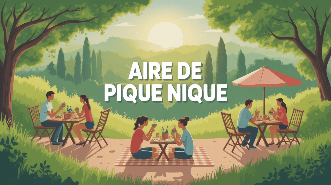 Vue d'une aire de pique nique avec tables et arbres