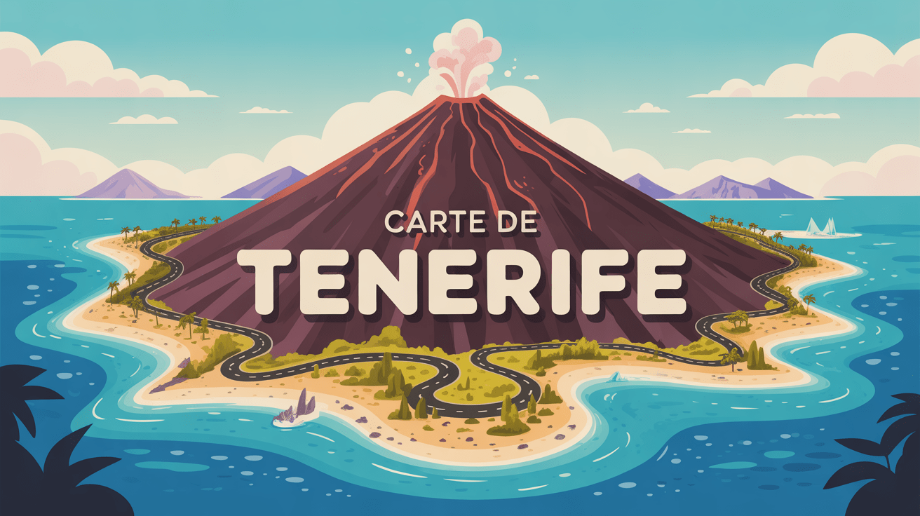 Illustration carte Tenerife avec volcan et plages