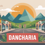 Zone commerciale Dancharia avec boutiques et montagnes