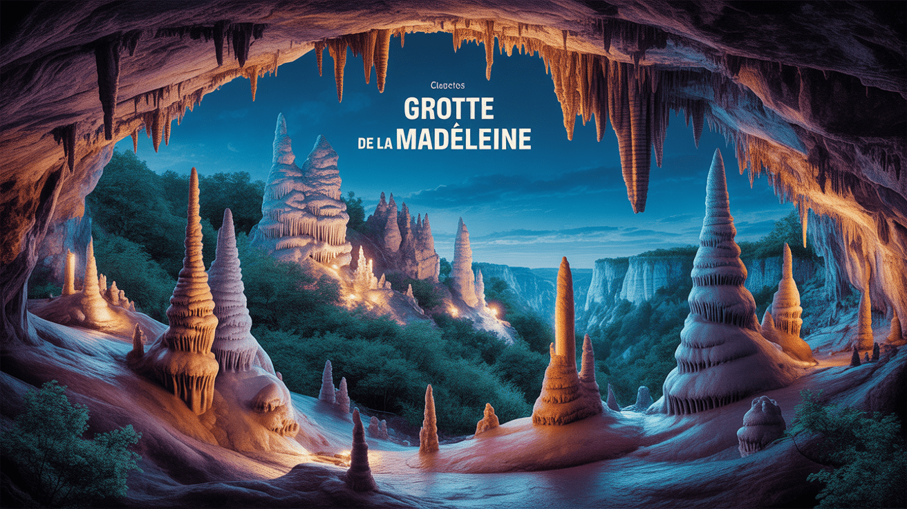 Caverne souterraine illuminée avec formations spectaculaires