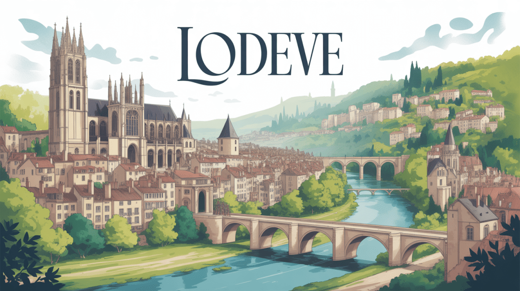 Vue panoramique de Lodève avec cathédrale gothique et ponts anciens