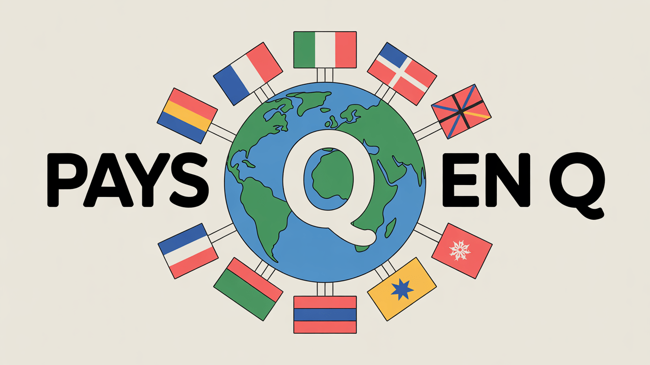 Illustration globe avec lettre Q et drapeaux