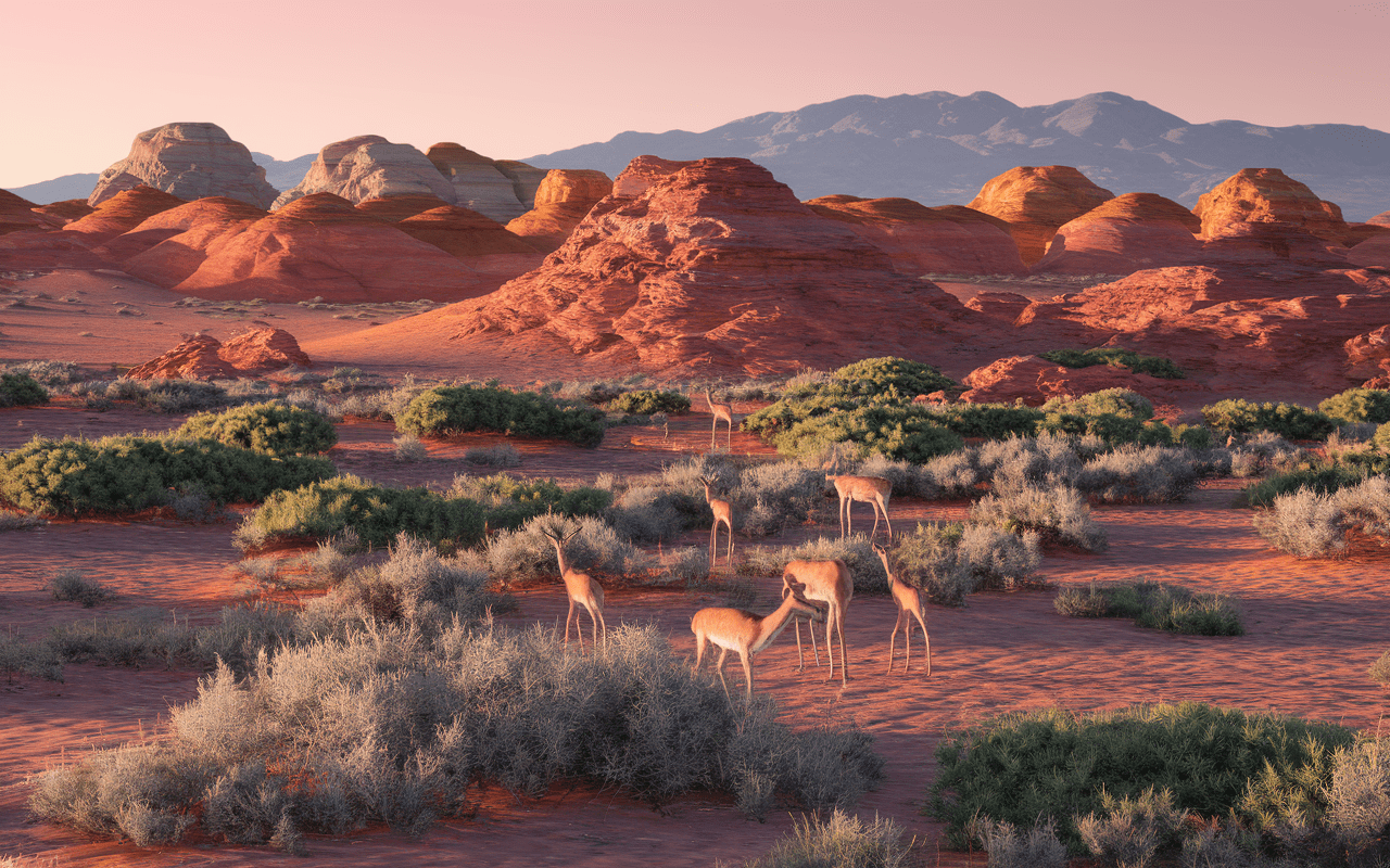 Paysage diversifié avec animaux sauvages du Gobi