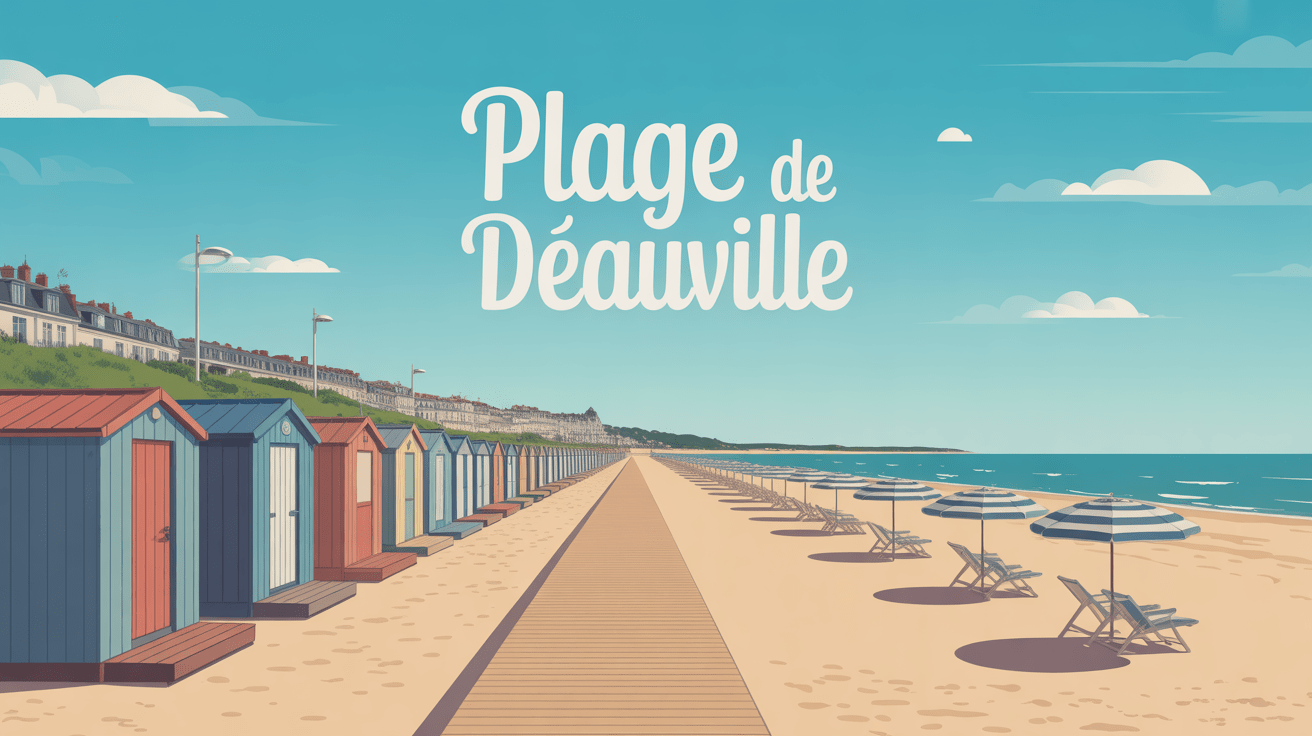 Panorama stylisé de la plage de Deauville avec cabines et parasols