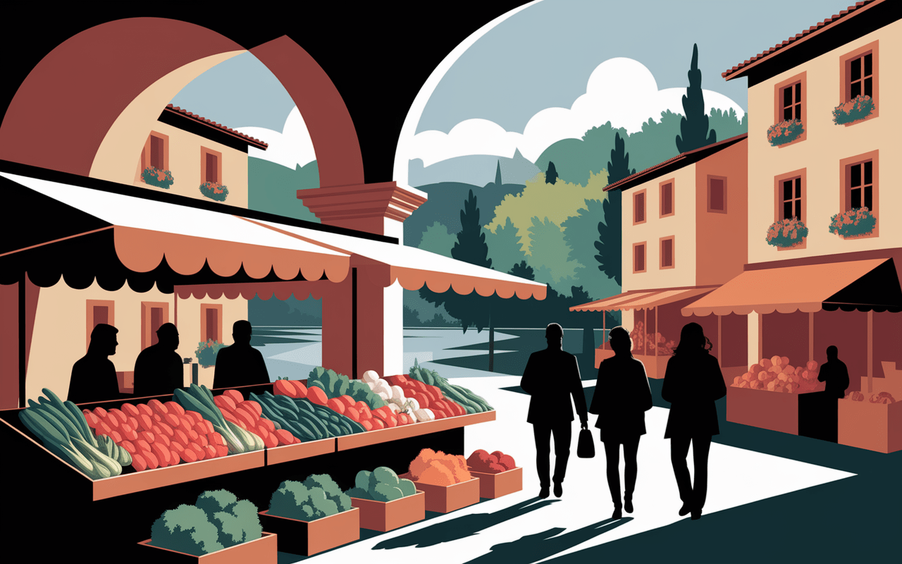 Marché provençal et arcades à Sommières