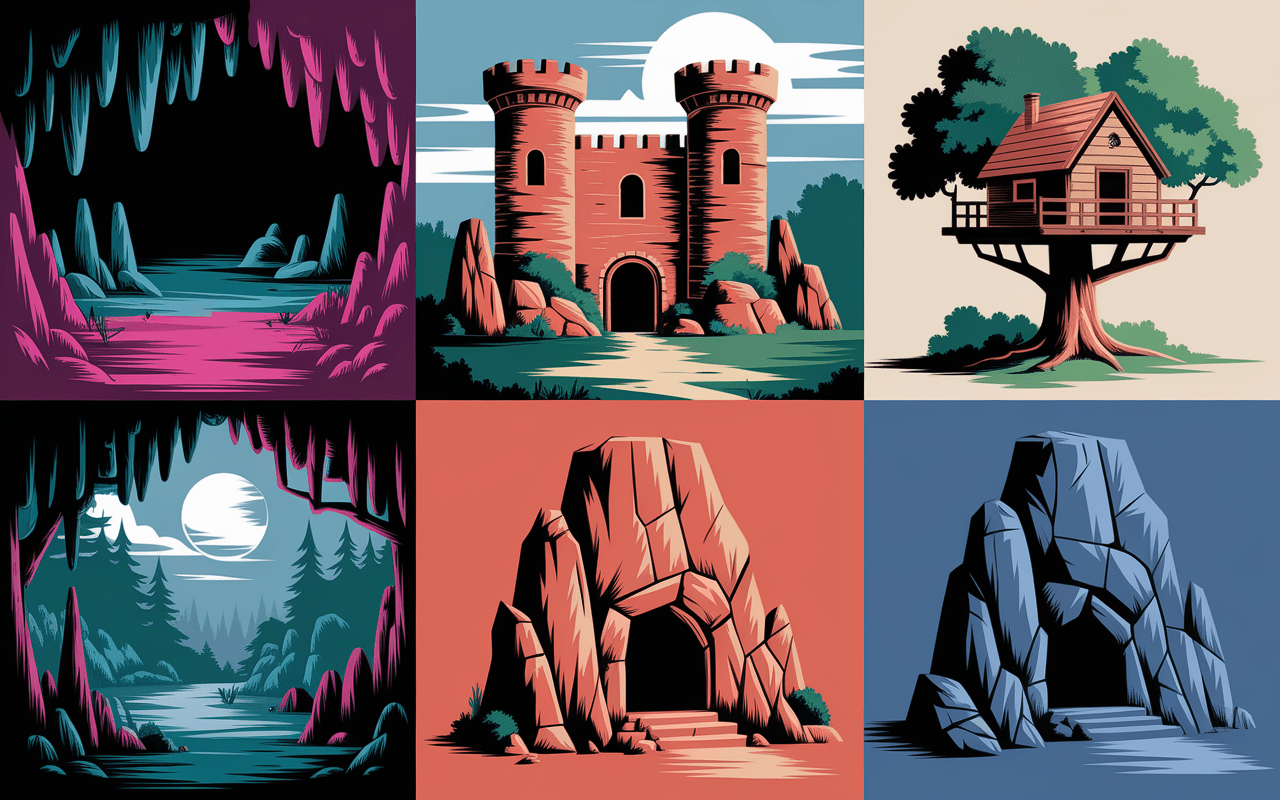 Collage de lieux insolites comme grotte et château