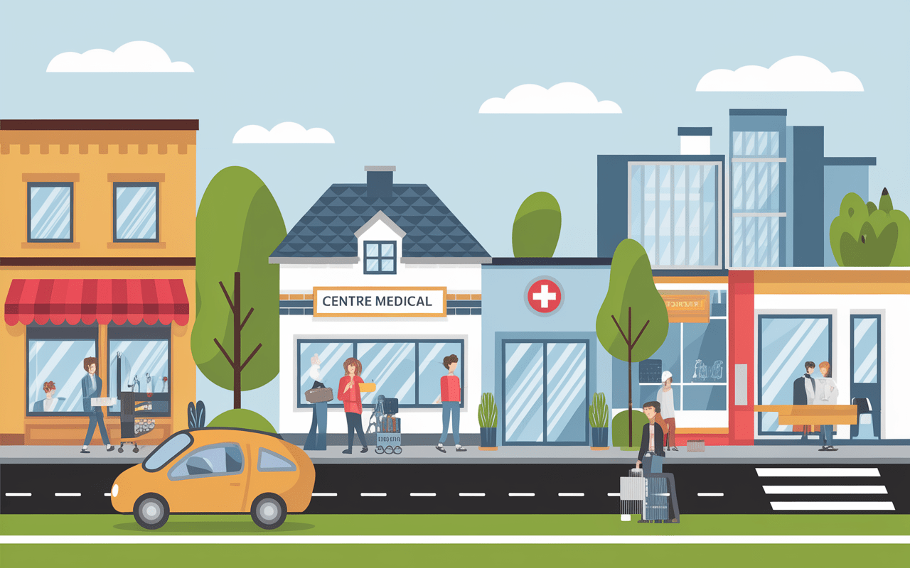 Scène de vie quotidienne à L'Isle-Jourdain avec commerces et écoles