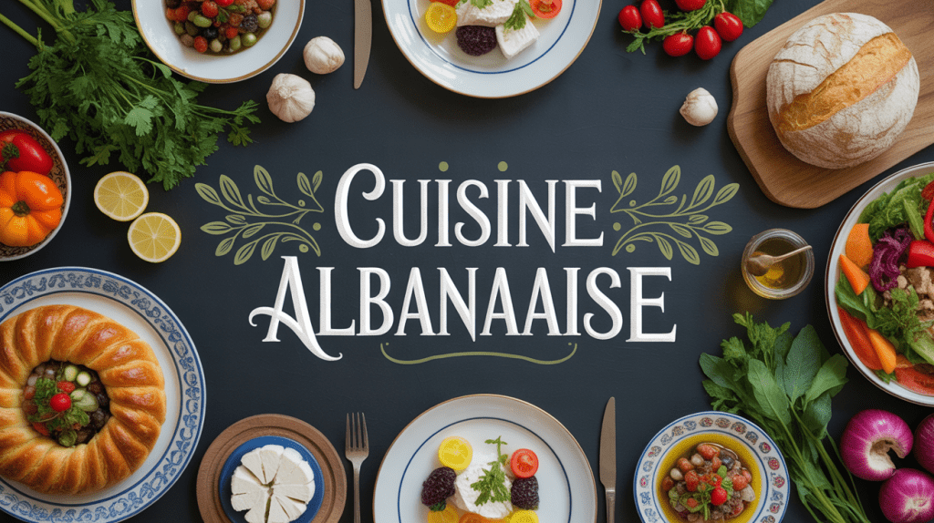 Table avec plats colorés, byrek, tavë kosi, que mange t on en Albanie