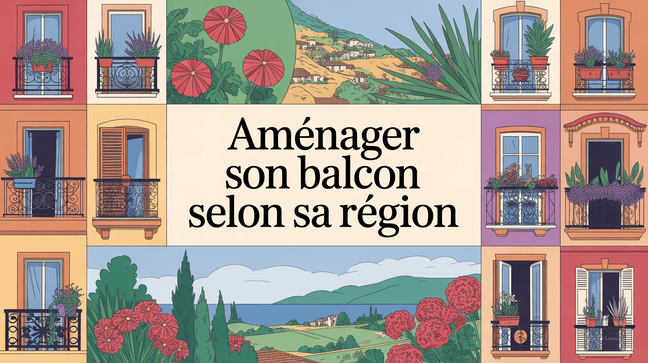 Illustration balcon region mosaïque fleurs paysages
