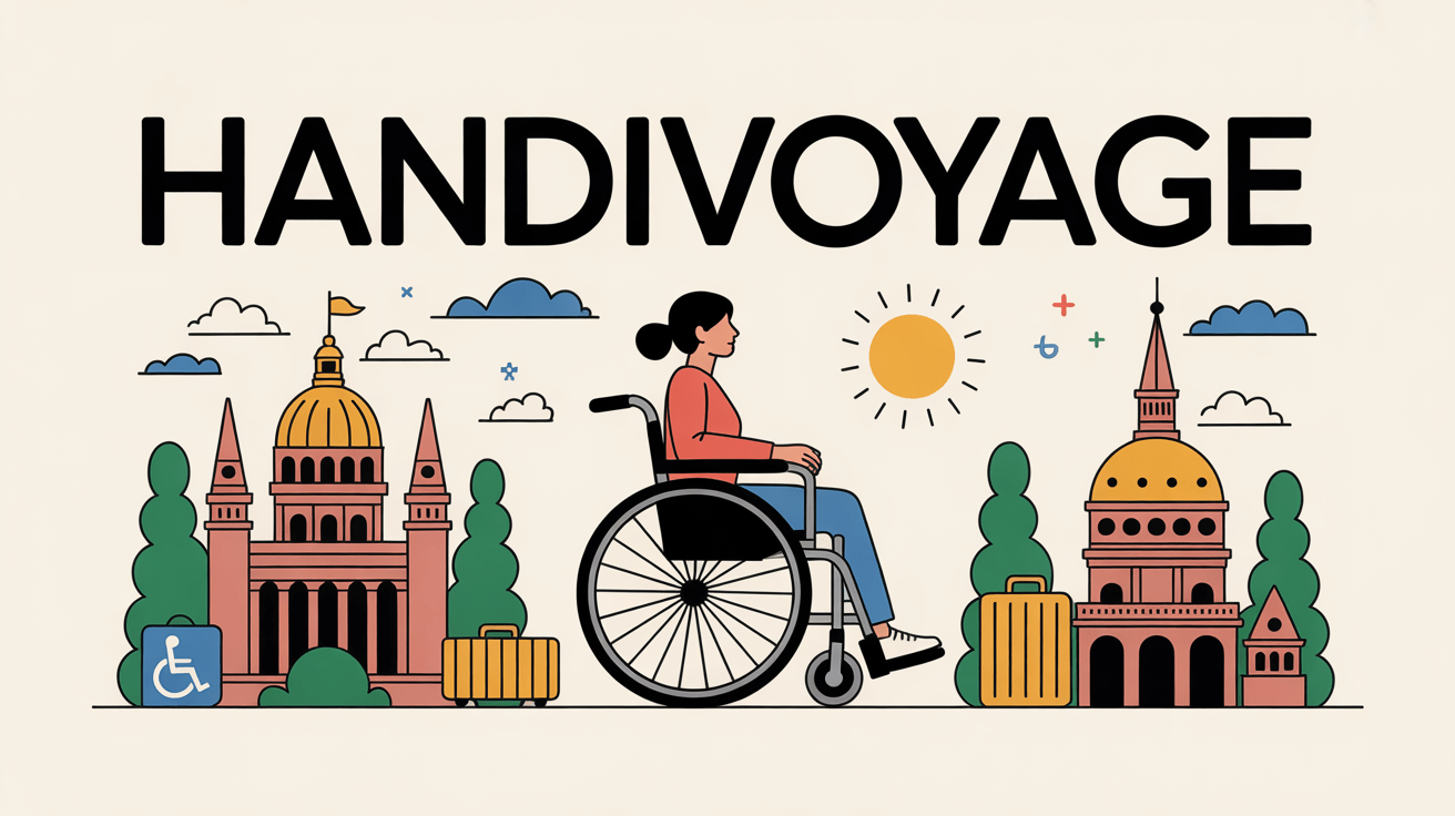 Illustration handivoyage fauteuil roulant devant monuments