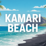 Kamari Beach plage sable noir eaux turquoise
