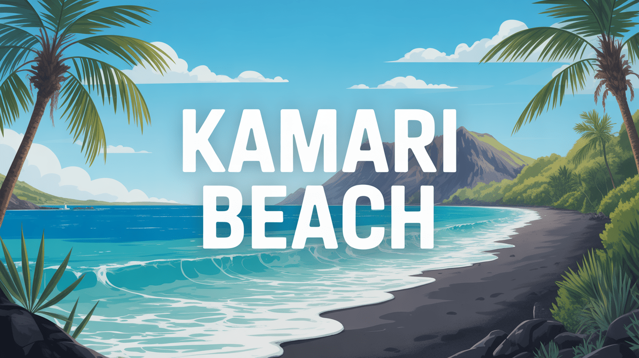 Kamari Beach plage sable noir eaux turquoise
