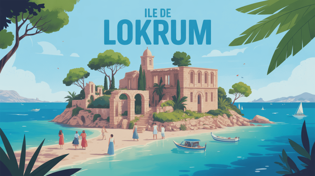 Vue panoramique ile Lokrum végétation eaux turquoise ruines monastère