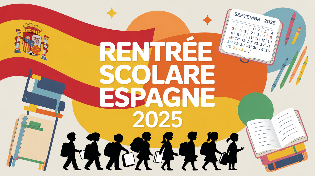 Illustration rentrée scolaire Espagne 2024 avec enfants et calendrier