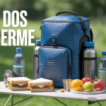 Sac a dos isotherme bleu sur table de camping entouré de repas