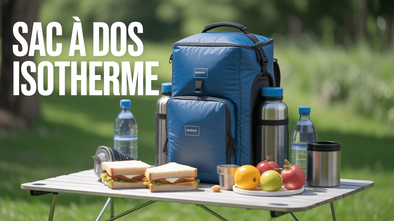 Sac a dos isotherme bleu sur table de camping entouré de repas