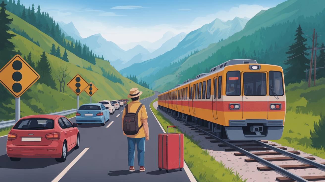 Scène transports à éviter en Sicile, route embouteillée, train en retard