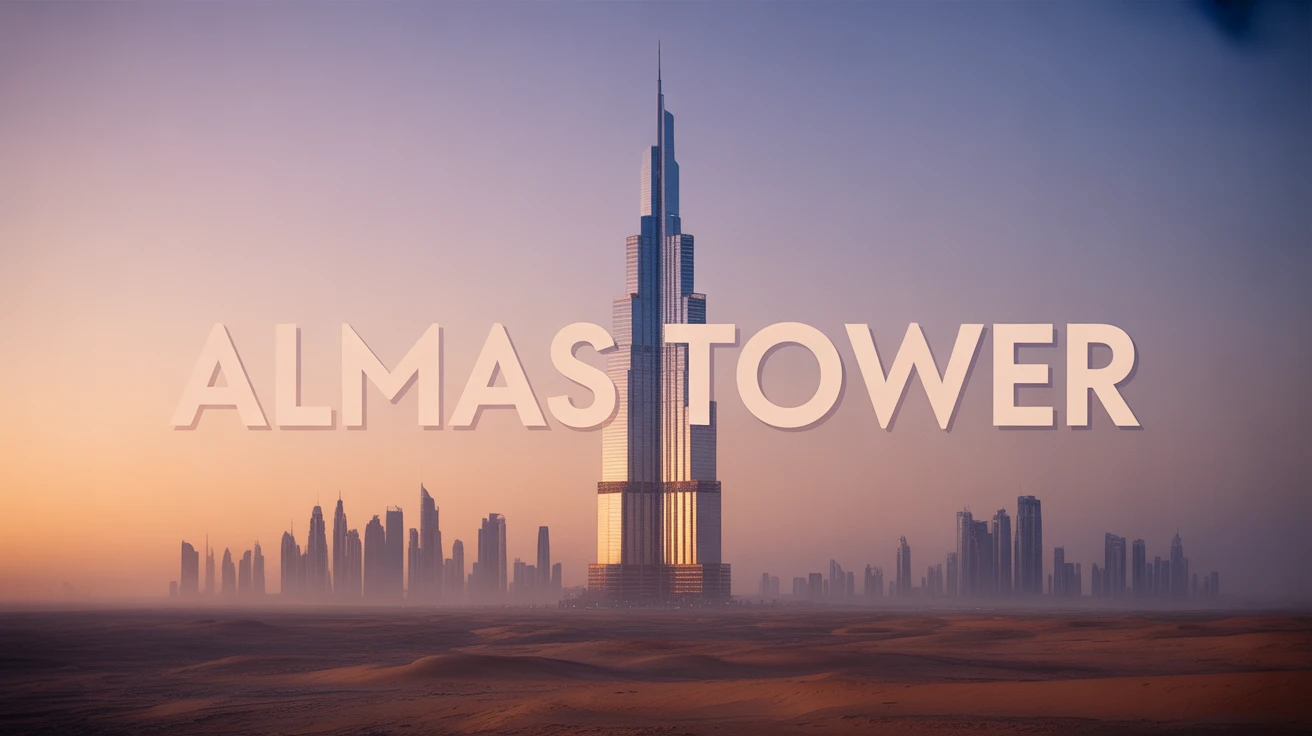 Silhouette vectorielle de la tour Almas à Dubaï au coucher du soleil