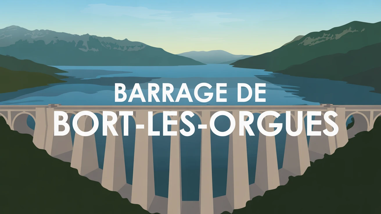 Illustration vectorielle du barrage de Bort les Orgues avec lac et montagnes