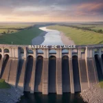 Illustration vectorielle du barrage de l Aigle au coucher du soleil