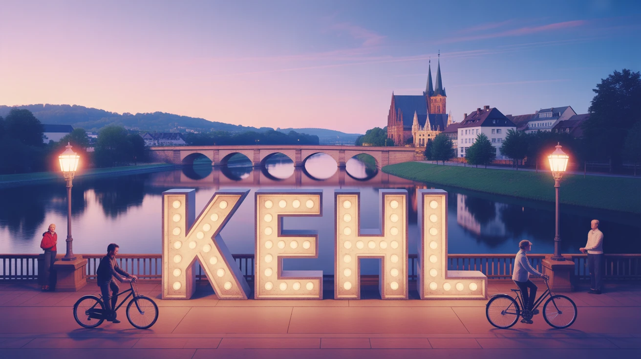 Illustration vectorielle de Kehl au bord du Rhin avec Passerelle des Deux Rives