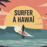 illustration numérique de surfer à Hawaï avec vagues et coucher de soleil