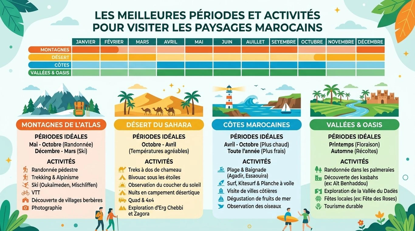 Infographie récapitulative des meilleures périodes et activités pour visiter les paysages du Maroc