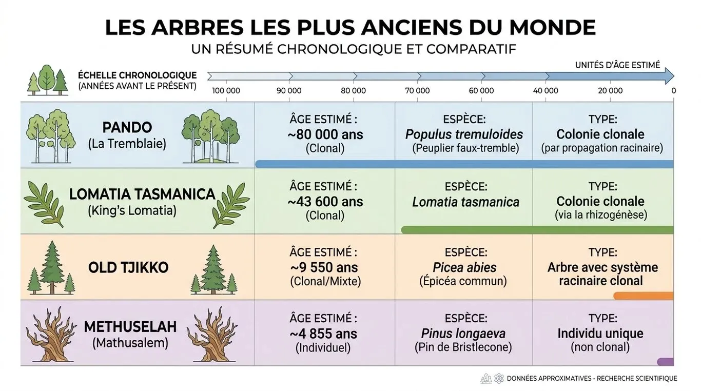 Infographie comparative des arbres les plus vieux du monde : âge, espèce et type