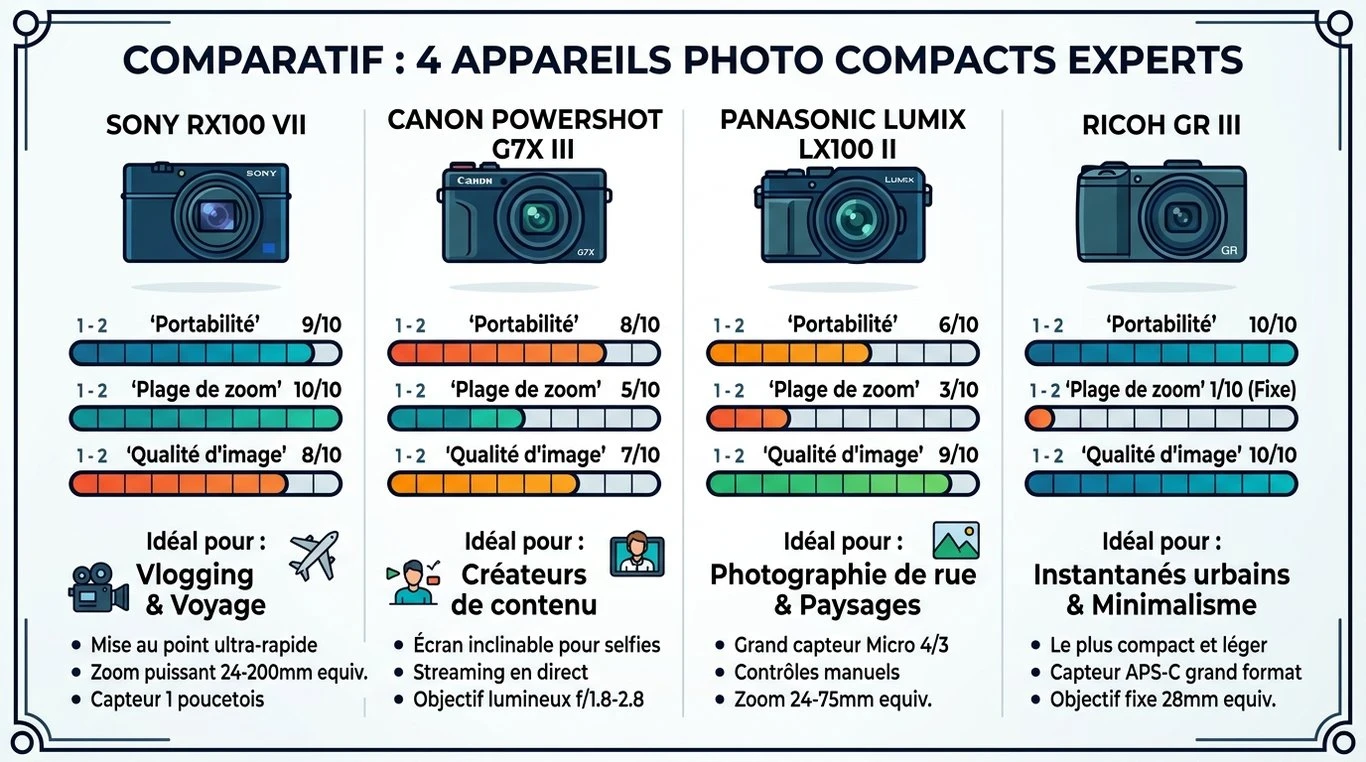 Infographie comparative des meilleurs appareils photo compacts experts pour le voyage