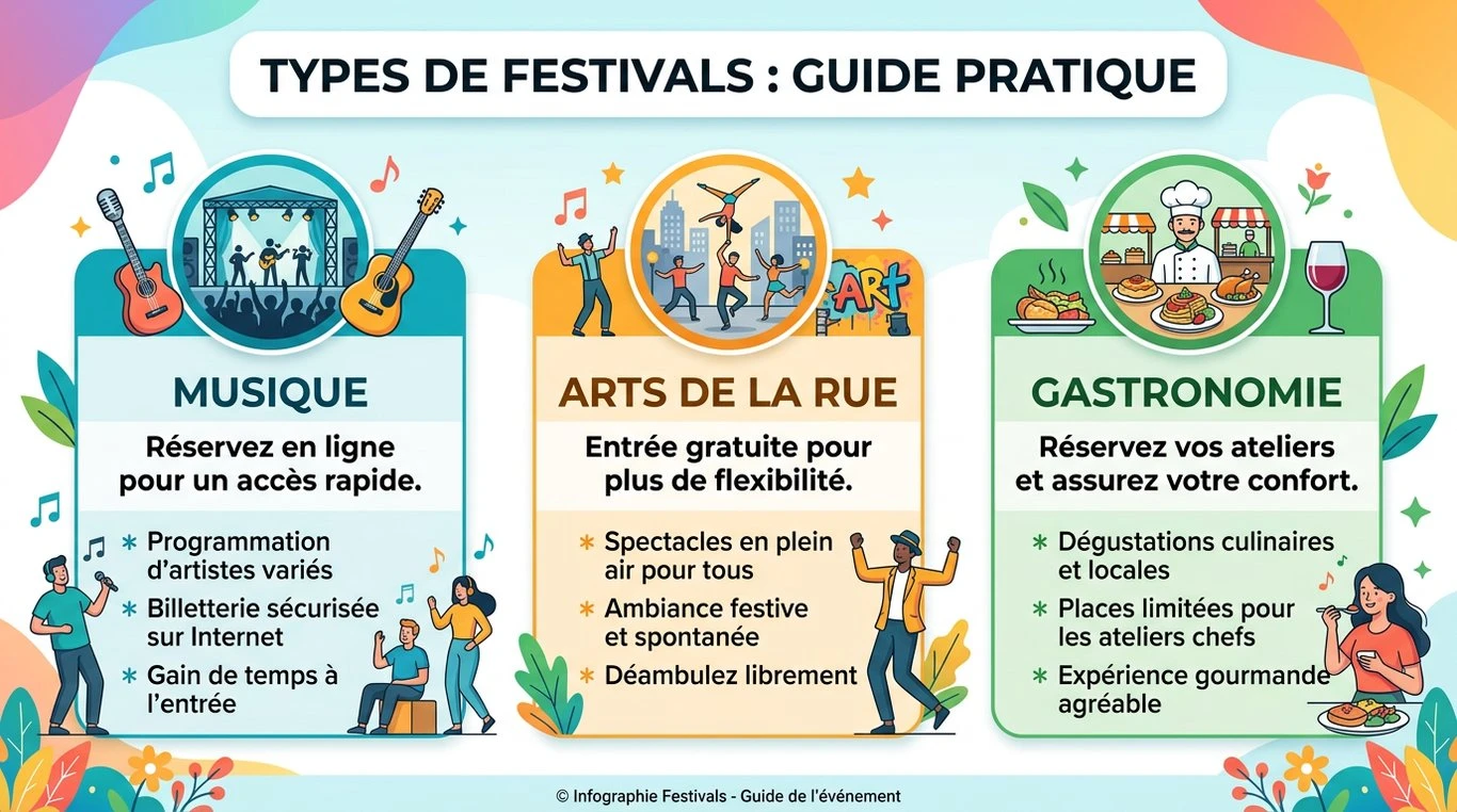 Infographie récapitulative des types de festivals et conseils de réservation