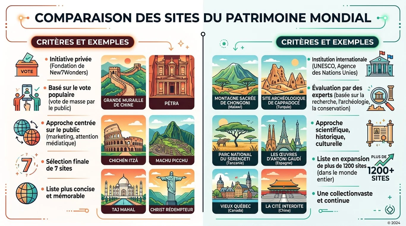 Infographie comparative entre les 7 nouvelles merveilles privées et le patrimoine mondial de l'UNESCO