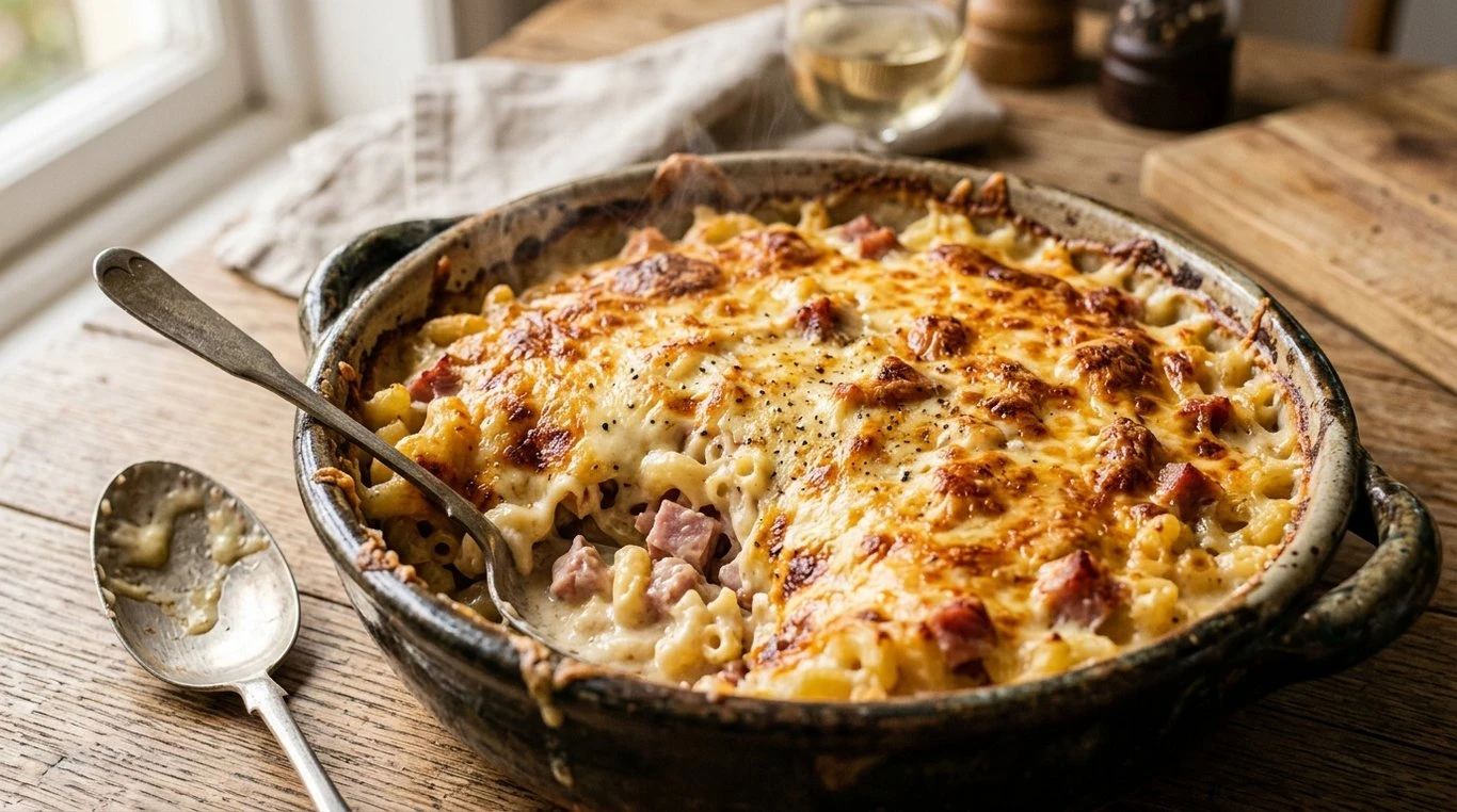 Gratin de coquillettes au jambon doré et fondant