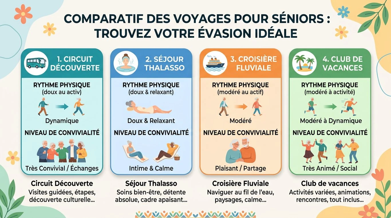 Infographie comparative des types de voyages organisés pour seniors : circuit, thalasso, croisière et club.