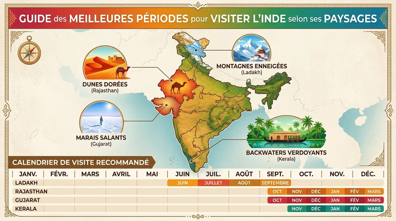 Infographie des paysages emblématiques de l'Inde et périodes idéales de visite