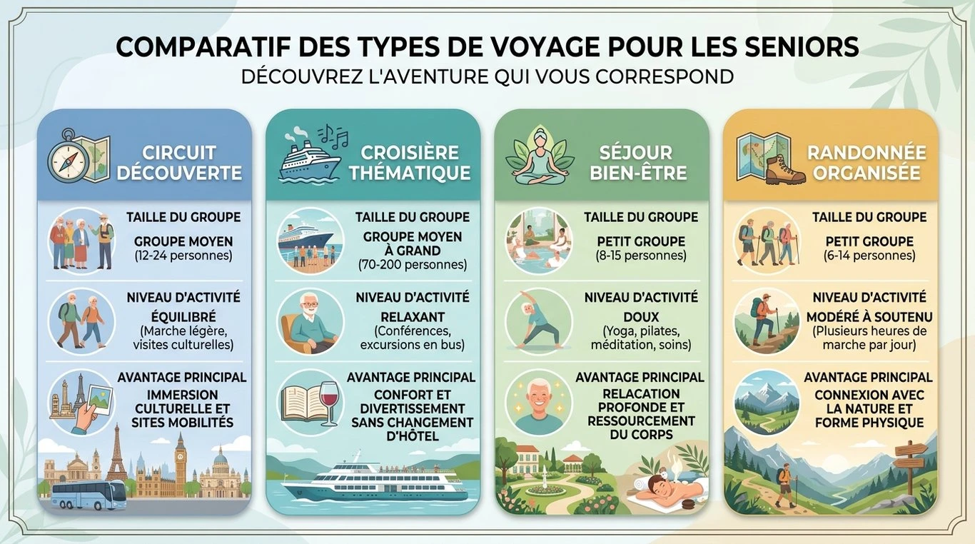 Infographie comparative des types de voyages organisés pour seniors solos