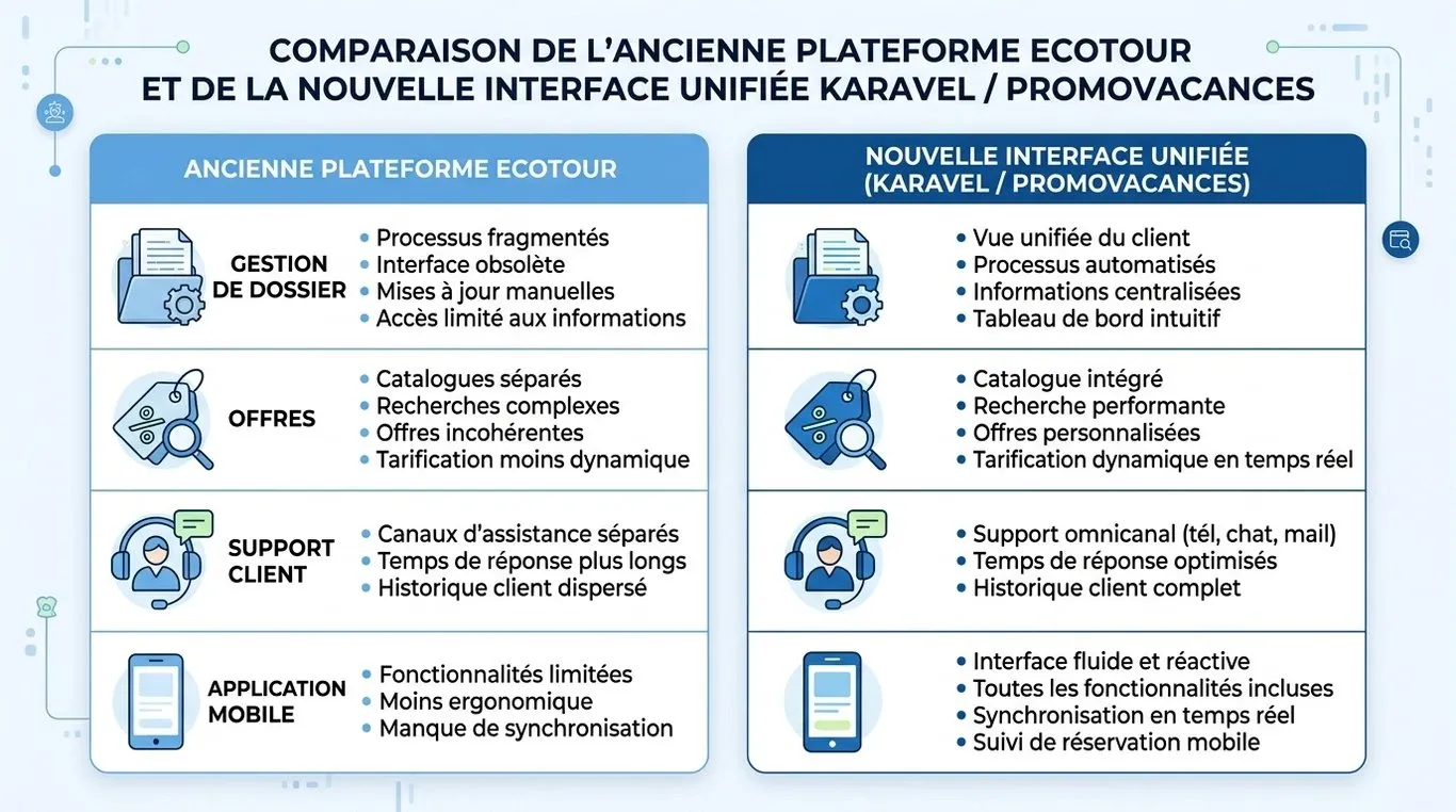 Infographie comparative : transition de la plateforme Ecotour vers l'interface Promovacances