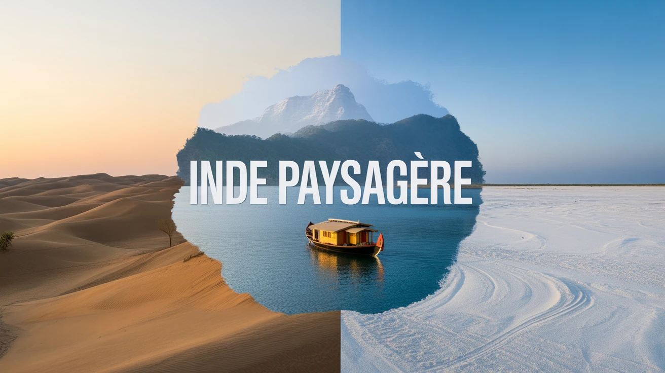 Illustration Inde paysage lagune Kerala dunes Rajasthan Himalaya Rann de Kutch