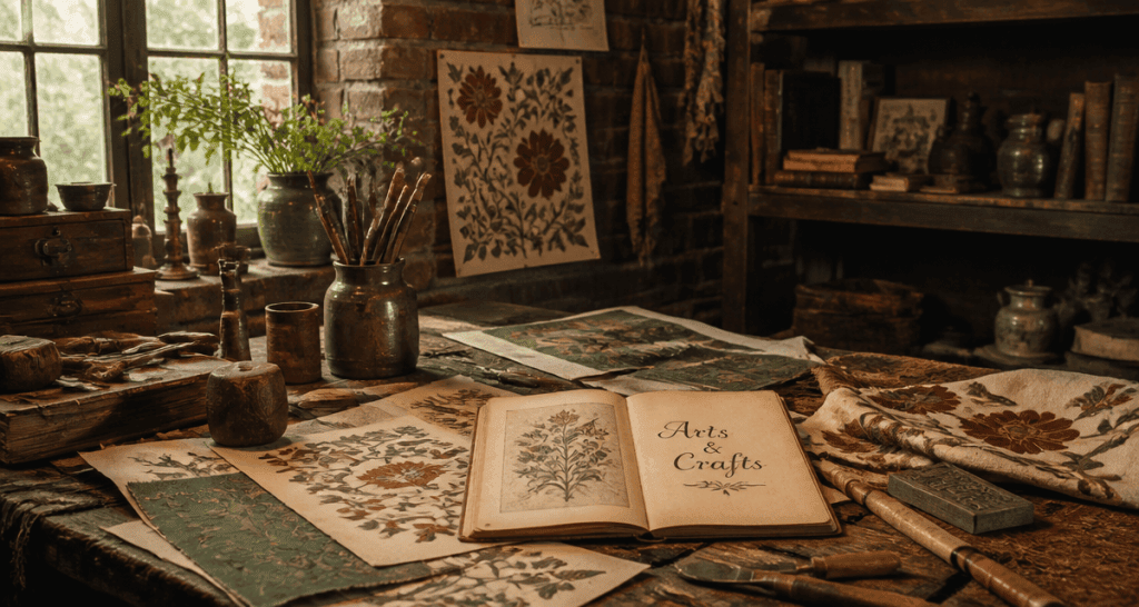 atelier art arts and crafts avec outils et motifs floraux